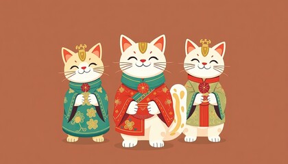 Obraz premium Cat Celebrates Chinese New Year - New Year Card with Cat - Chinese Cat On The Wall - Cat in Cheongsam
