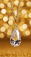 Sparkling Diamond Pendant Necklace Against Shimmering Gold Background