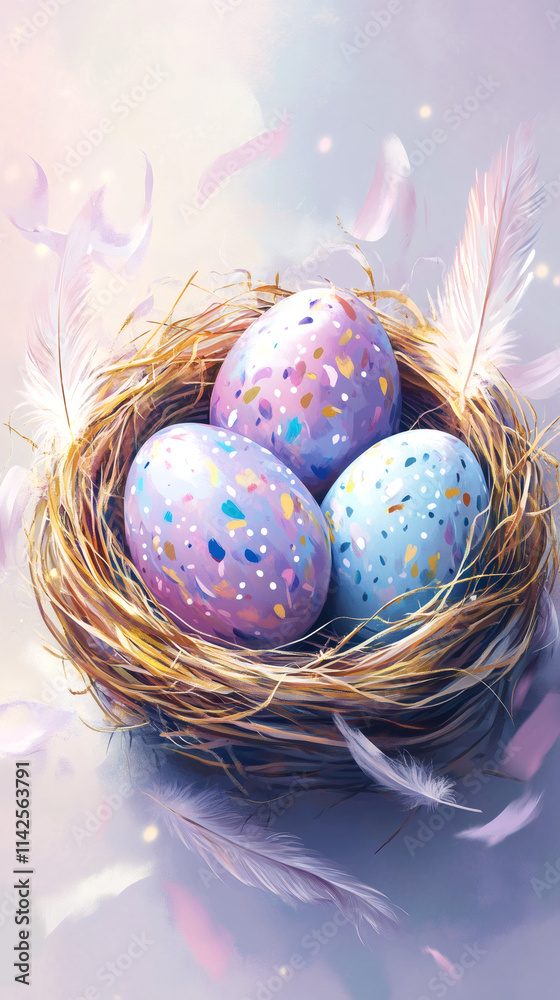 Aufkleber pastel-colored easter eggs nestled in a cozy bird's nest adorned with delicate feathers, creating a 