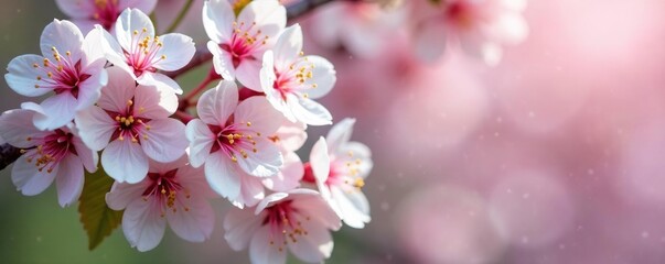 Obraz premium clusters of small white and pink flowers hanging from branches, blossoming cherry, spring bloom, cherry plum blossoms