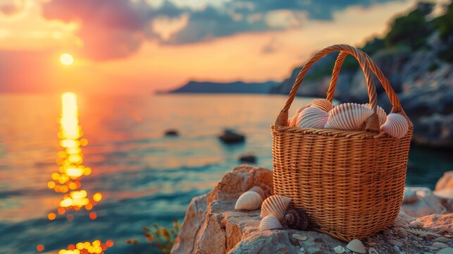 Serene coastal scene featuring seashells and a straw bag captured by generative ai