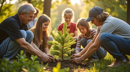 A family plants a young tree together, creating memories and nurturing nature's growth. A symbol of hope and unity.