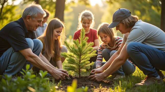 A family plants a young tree together, creating memories and nurturing nature's growth. A symbol of hope and unity.