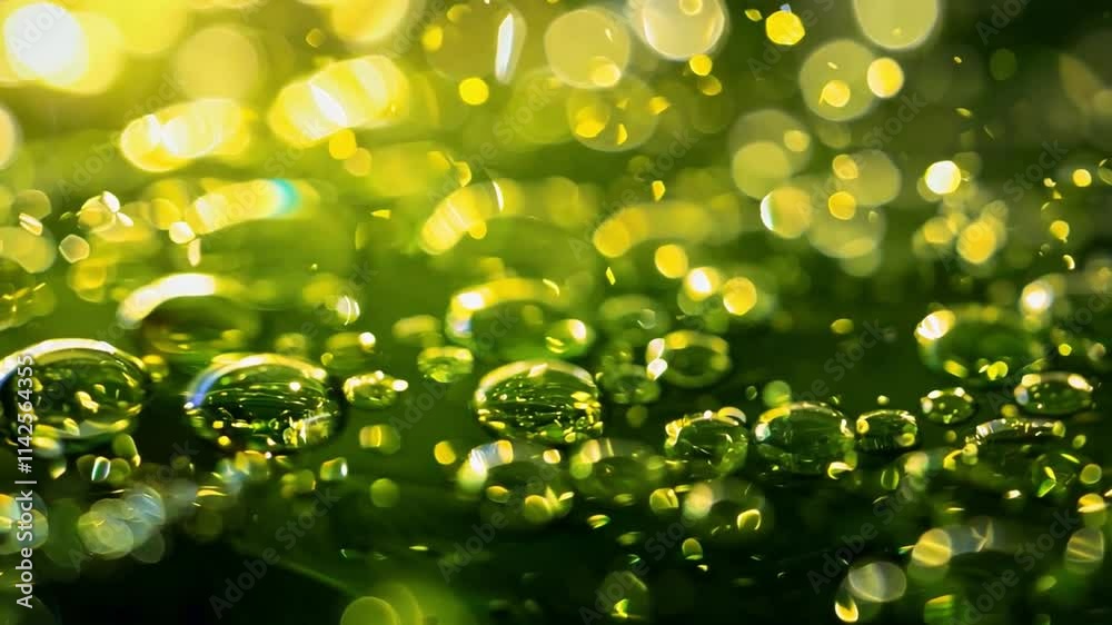Poster this clear bubbles float in a bright green liquid, reflecting light and creating a shimmering effect