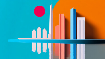 Obraz premium A modern abstract cityscape with bright colors and sharp reflections, capturing the essence of urban life and artistic creativity in a futuristic setting.