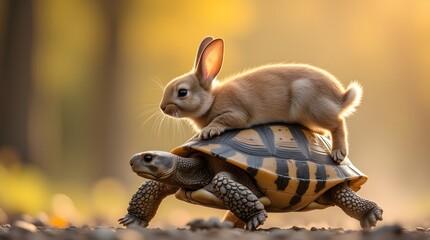 Naklejka premium Adorable bunny rides a tortoise! Golden hour light bathes this heartwarming scene of unlikely friends on an adventure.