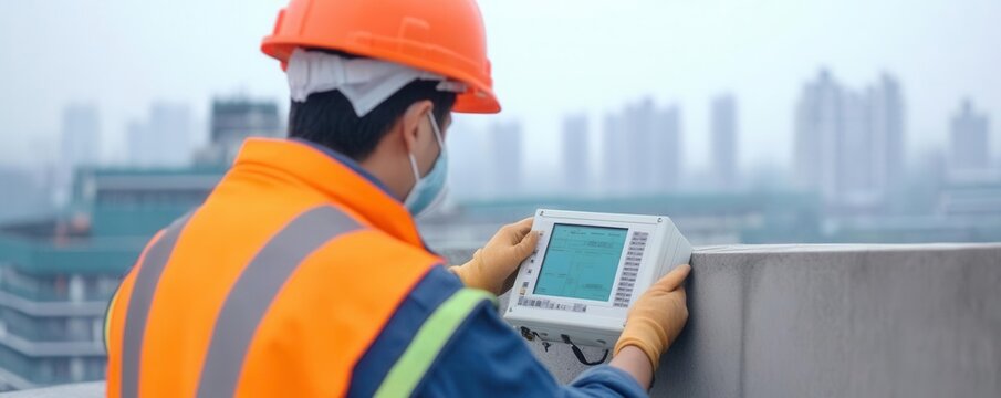 A professional installing air quality monitoring equipment on a city rooftop, ensuring compliance with environmental regulations