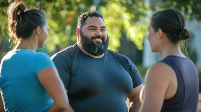 A supportive scene of an overweight personal trainer interacting with clients, emphasizing motivation and empowerment in fitness journeys