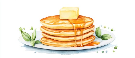 Delicious stacks of fluffy pancakes topped with butter and syrup, perfect for breakfast or brunch.