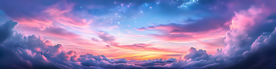 Fototapeta premium Watercolor sunset or sunrise sky. Magic night sky with pink, blue and purple clouds and stars. Beautiful nature background. Design for poster, sticker, paper, print, banner
