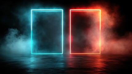 A mystical scene featuring two illuminated rectangular frames, one blue and one red, surrounded by smoke, This striking image can be used in design projects, tech promotions, or gaming visuals,