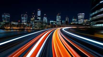 London City Nightscape: Speed and Urban Majesty. Light trails streak across a highway, leading towards the iconic London skyline at night.  A vibrant display of modern architecture and dynamic energy.