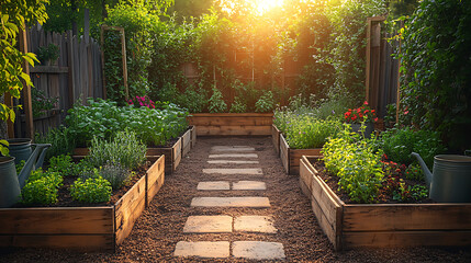 Sunlit kitchen garden with antique stone planters filled with herbs rich soil and vintage watering cans beside wooden trellises covered in vines