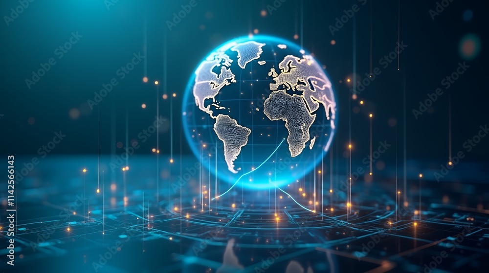 Aufkleber Illustration of a Globe Displaying Logistic Travel Routes Connecting Continents with Neon Light Effects for Visualizing Global Logistics and Transportation Networks