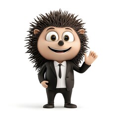 Cheerful Cartoon Hedgehog Character in Formal Attire Waving Hello