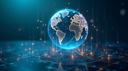 Illustration of a Globe Displaying Logistic Travel Routes Connecting Continents with Neon Light Effects for Visualizing Global Logistics and Transportation Networks