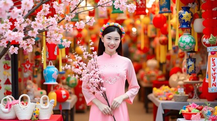 A young woman in a pink áo dài smiles, holding blossoms. Vibrant spring festival market background, festive lanterns and decor.