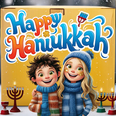 Cheerful Hanukkah Lettering with Happy Boy and Girl Cartoon Illustration