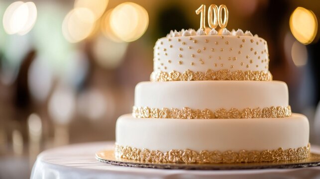 Elegant white three-tier cake adorned with gold accents, celebrating a centennial milestone with a decorative '100' topper.