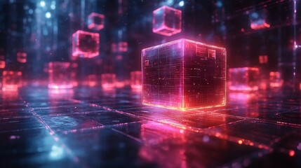 Responsive Futuristic Holographic Data Visualization with Floating Digital Blocks in Atmosphere