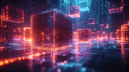 Obraz premium Futuristic Holographic Cityscape with Floating Digital Blocks and Neon Ambiance