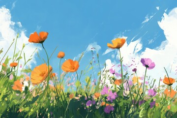 Vibrant and Colorful Flower Field Under a Clear Blue Sky with White Clouds, Evoking a Sense of Joy and Serenity in Nature's Abundance