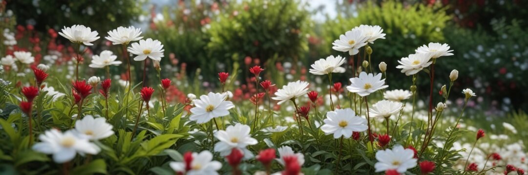 Exquisite white flowers with crimson stems in a scenic garden, peaceful, horticulture, red accent, ornamental