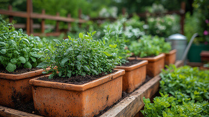 Antique terracotta planters filled herbs and soil with closeup of wooden trellises compost and aged watering cans all in a flourishing garden