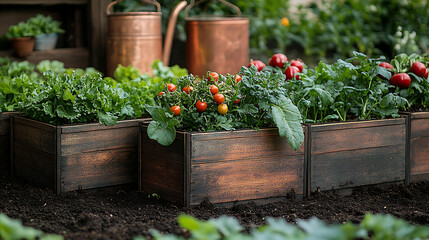 Antique wooden planters a garden bed of compost with closeup of wooden trellises heirloom...