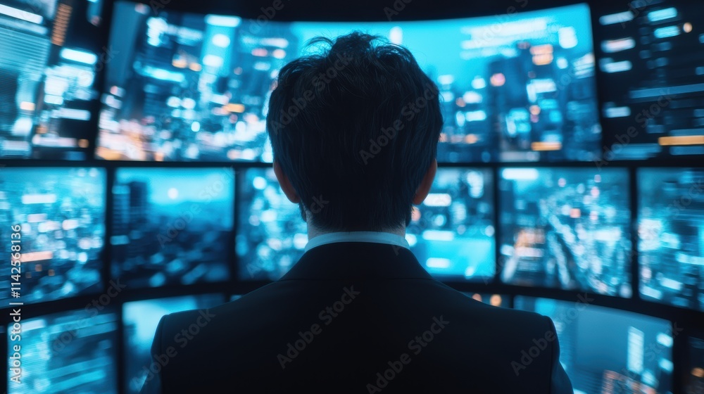 Poster businessman analyzing digital city data on multiple screens in control room