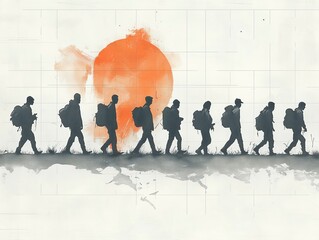 Refugees and immigrants looking for a new hope in life. Silhouette of people. Abandon their lands for a better future, ai generative