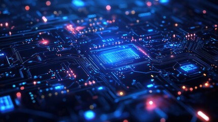 Obraz premium A close-up view of a futuristic circuit board with glowing elements and intricate connections.