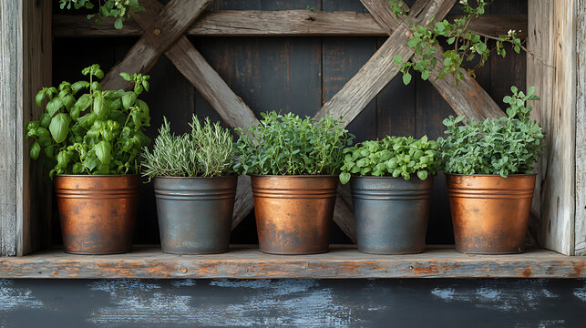 Closeup of antique copper planters filled soil and herbs framed by rustic wooden trellises and aged watering cans in a kitchen garden