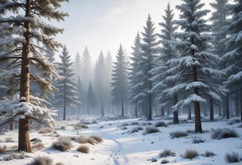 Obraz premium Frosty winter forest landscape with snow-dusted pine trees, winter, Christmas, landscape, forest