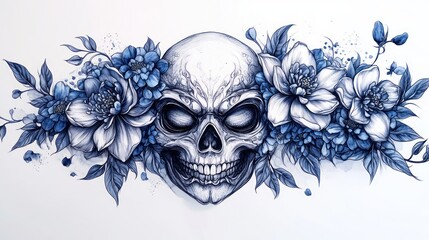 Human skull with blue flowers artistic illustration.