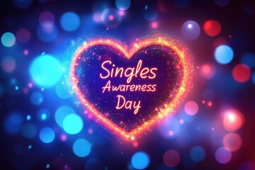 Singles awareness day celebration with glowing heart and colorful bokeh background