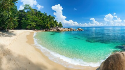 Serene tropical beach with crystal clear turquoise water and lush green tropical trees.