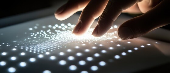 Finger interacting with illuminated digital surface.