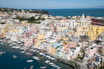 beautiful Procida island with colorful houses in sunny summer day, Italy