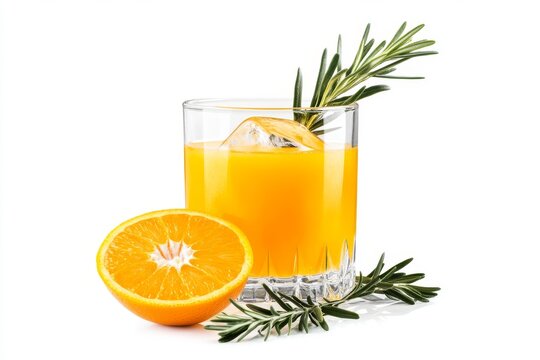 Fresh orange juice served in a glass with ice and a sprig of rosemary, perfect for a refreshing drink on a sunny day.