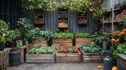 Raised garden beds filled heirloom vegetables surrounded by antique iron planters vintage watering cans and wooden trellises covered in vines