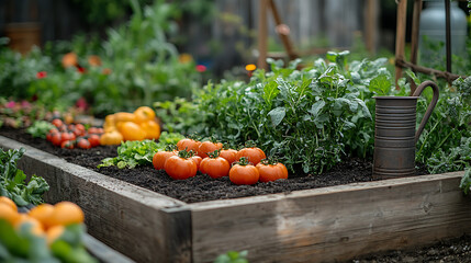 Raised garden beds full of dark soil heirloom vegetables with antique watering cans resting on compost piles and a closeup of handwrought trellises
