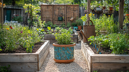 Raised garden beds antique ceramic planters filled with soil next to wooden trellises and rusted...