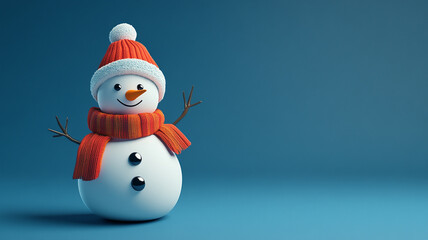 Fototapeta premium snowman with a scarf and hat on a blue background.