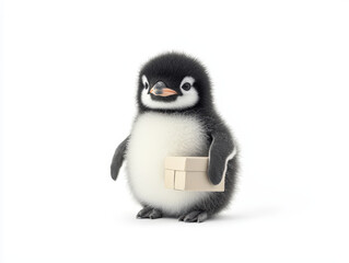 Fototapeta premium Cute baby penguin holding small gift box, showcasing playful spirit
