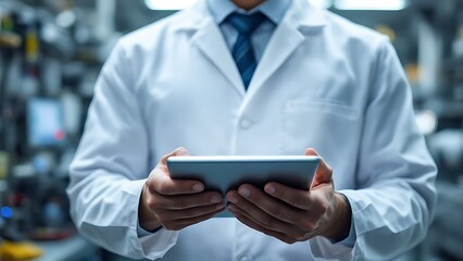 Technician in white gown working on a digital tablet in a clean modern hightech factory or lab with connected robotic machines