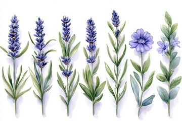 Floral Illustration of Blue Lavender and Beautiful Wildflowers