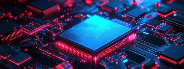 Fototapeta premium A close-up view of a futuristic microchip with glowing elements, showcasing technology.