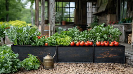 Garden scene featuring antique cast iron planters filled with vegetables surrounded by rustic...