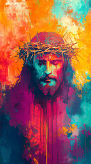 Fototapeta premium Contemporary vibrant portrait of jesus christ adorned with a crown of thorns, symbolizing faith, sacrifice, and salvation